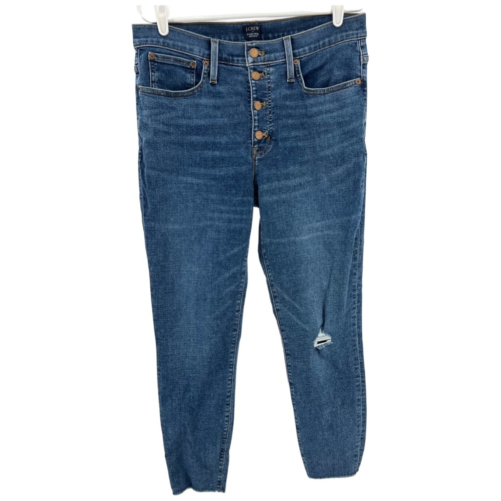 J Crew re-imagined mid rise button fly skinny ankle jean 31 medium wash raw hem
